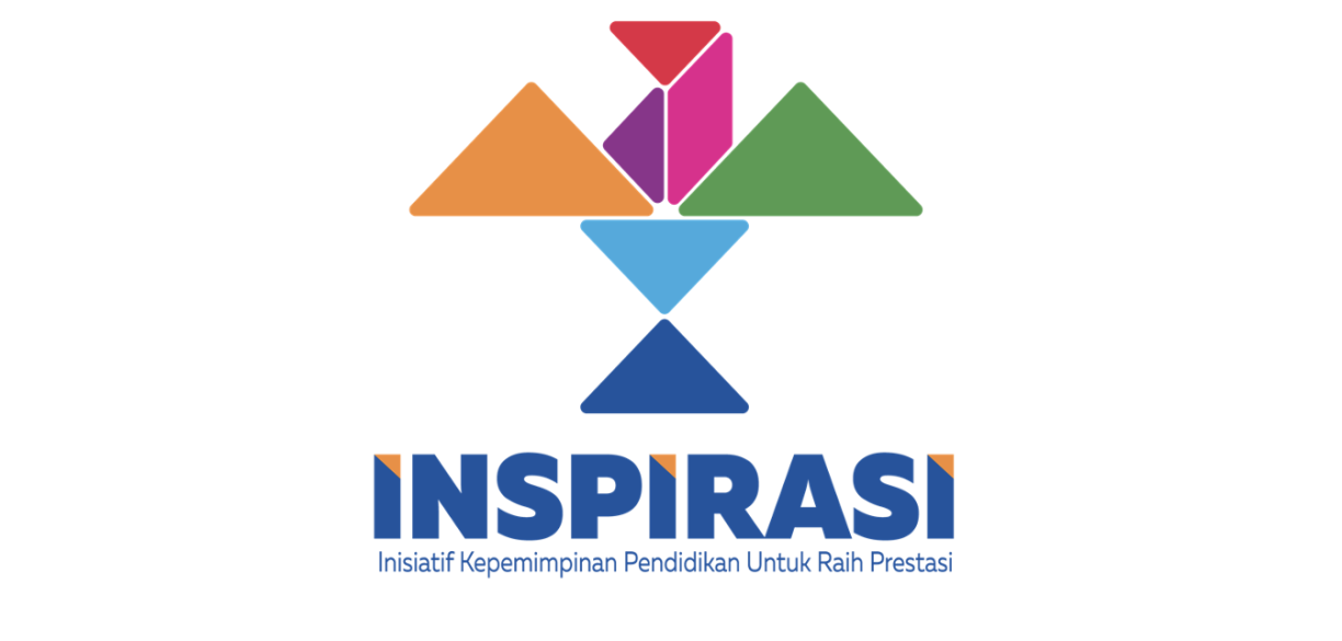 Inspirasi logo showing an abstract picture resembling an eagle made of different sizes and colours (orange, purple, red, green, light and dark blue) triangles and one fuchsia parallelogram above the blue and orange writing 'INSPIRASI' over the smaller blue writing 'Inisiatif Kepemimpinan Pendidikan Untuk Raih Prestasi'